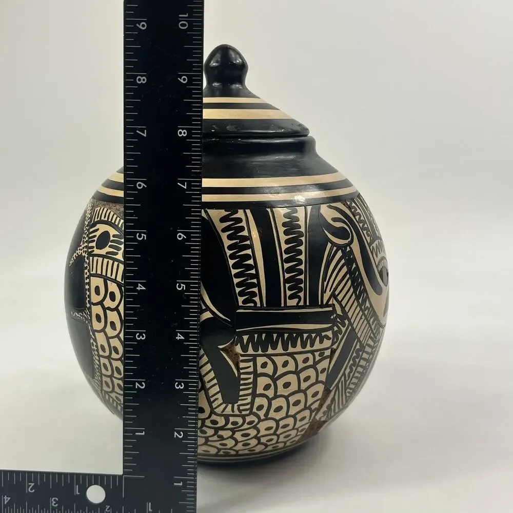 Vintage Sgraffito Pottery Lidded Jar Hand Carved Unique Handmade Black Tan Decor